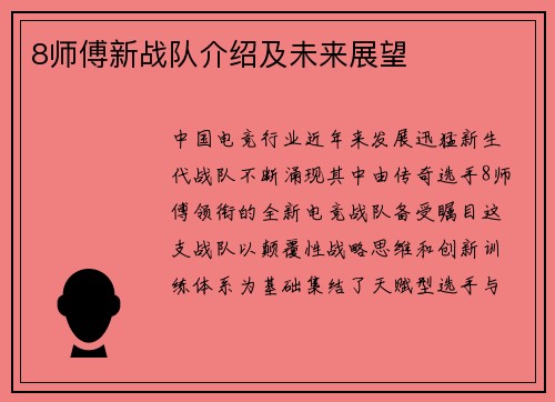 8师傅新战队介绍及未来展望